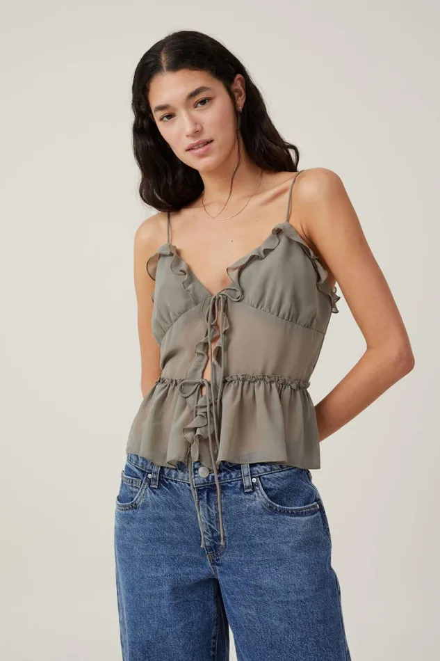 Women Tops Cotton On Harper Tie Up Cami Woodland