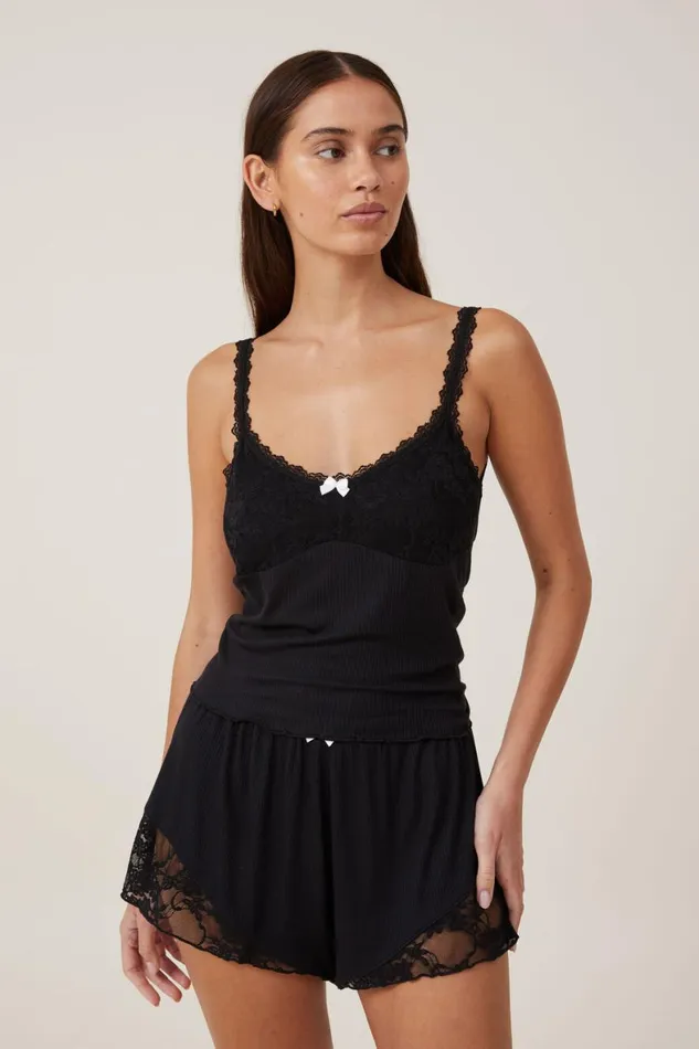 Women Tops Cotton On Lacey Rib Cami Black