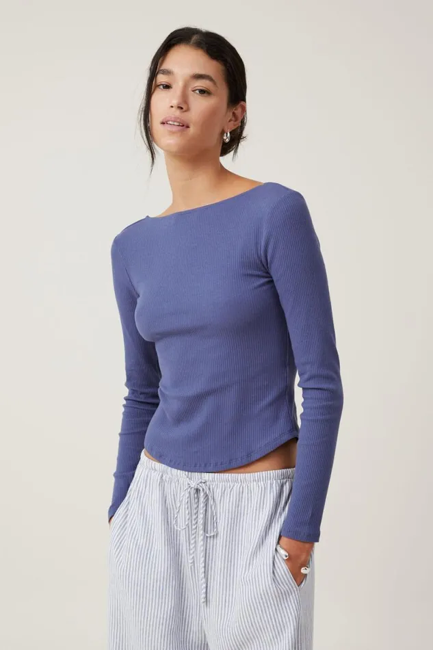 Women Tops Cotton On Margot Boat Neck Long Sleeve Top Vintage Navy