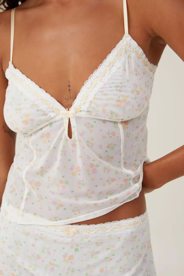 Women Tops Cotton On Mesh Cami Follie Floral Cream