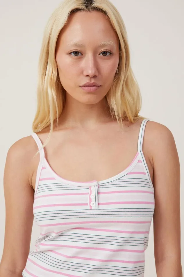 Women Tops Cotton On Peached Jersey Henley Cami Lulu Stripe Pink