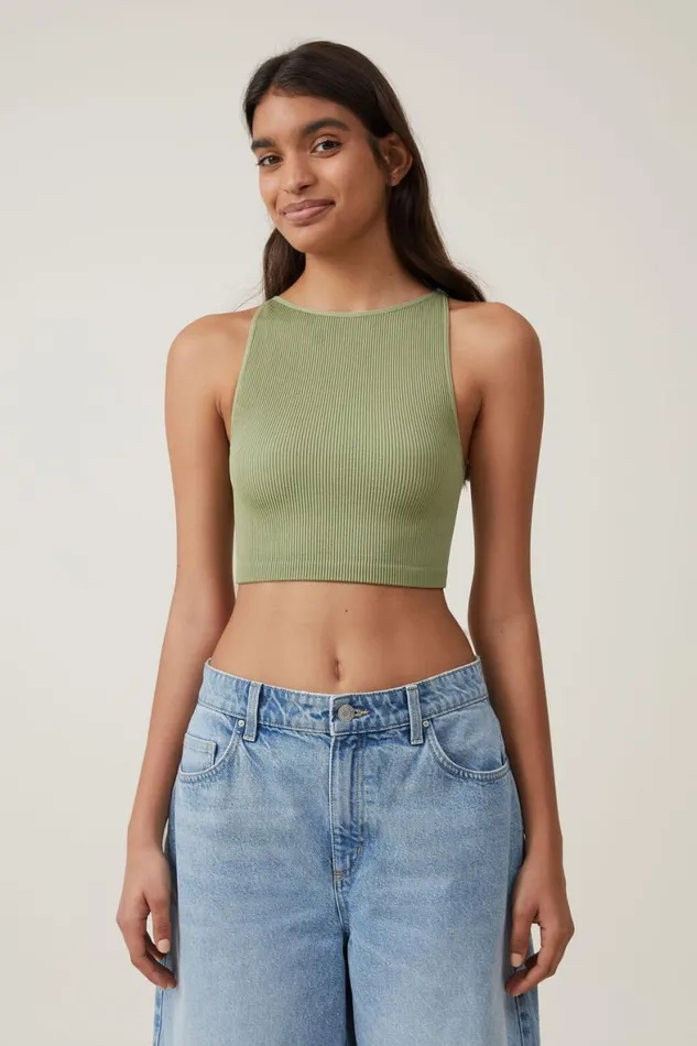 Women Tops Cotton On Seamless Benni High Neck Tank Cool Khaki