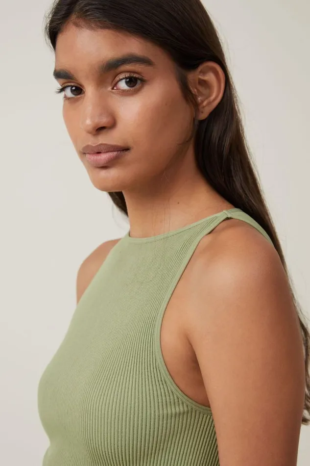 Women Tops Cotton On Seamless Benni High Neck Tank Cool Khaki