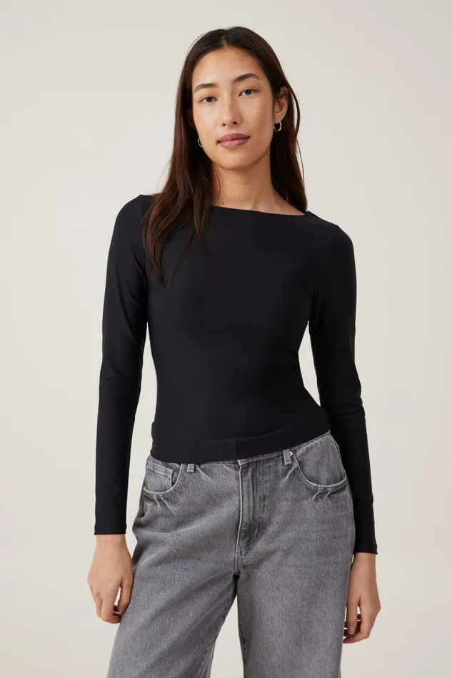 Women Tops Cotton On Smooth Boat Neck Long Sleeve Top Black