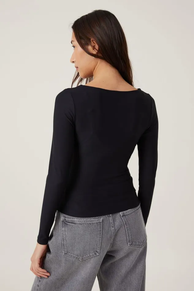 Women Tops Cotton On Smooth Boat Neck Long Sleeve Top Black