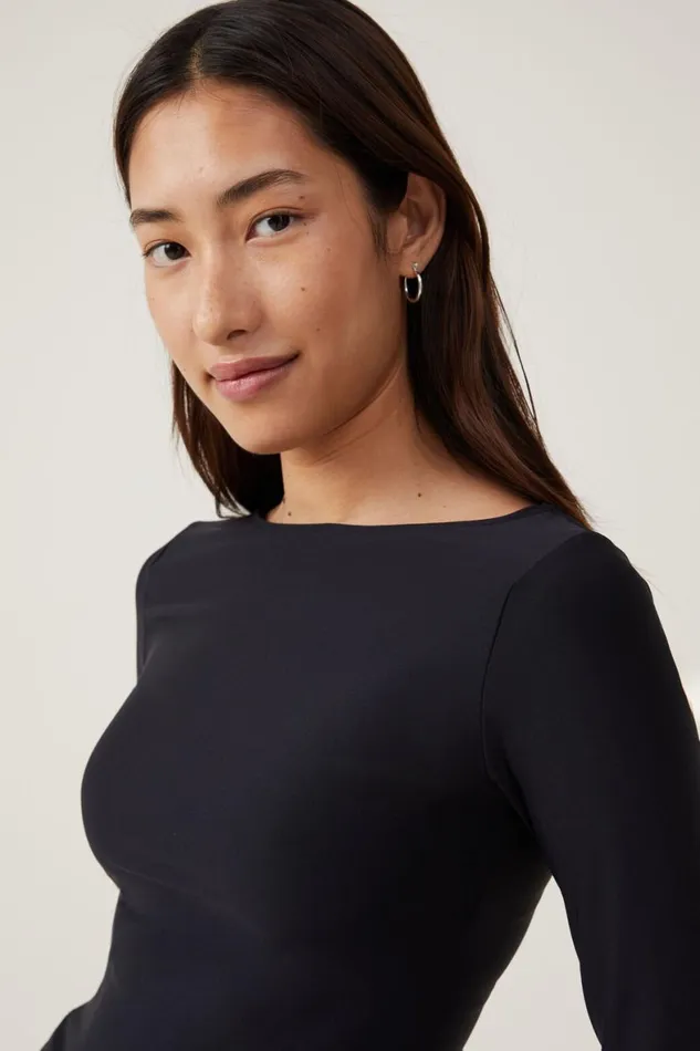 Women Tops Cotton On Smooth Boat Neck Long Sleeve Top Black