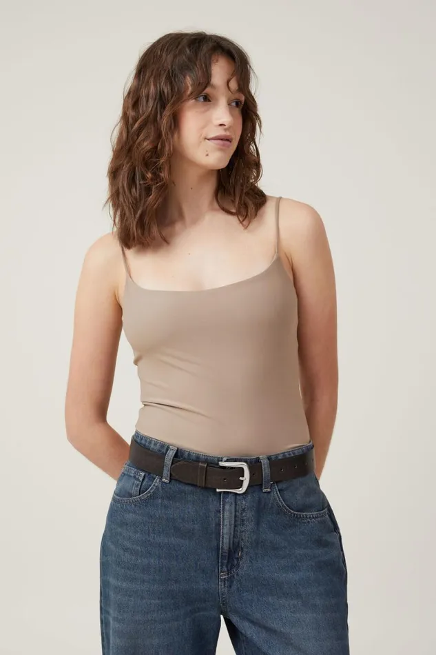 Women Tops Cotton On Smooth Straight Neck Bodysuit Mocha