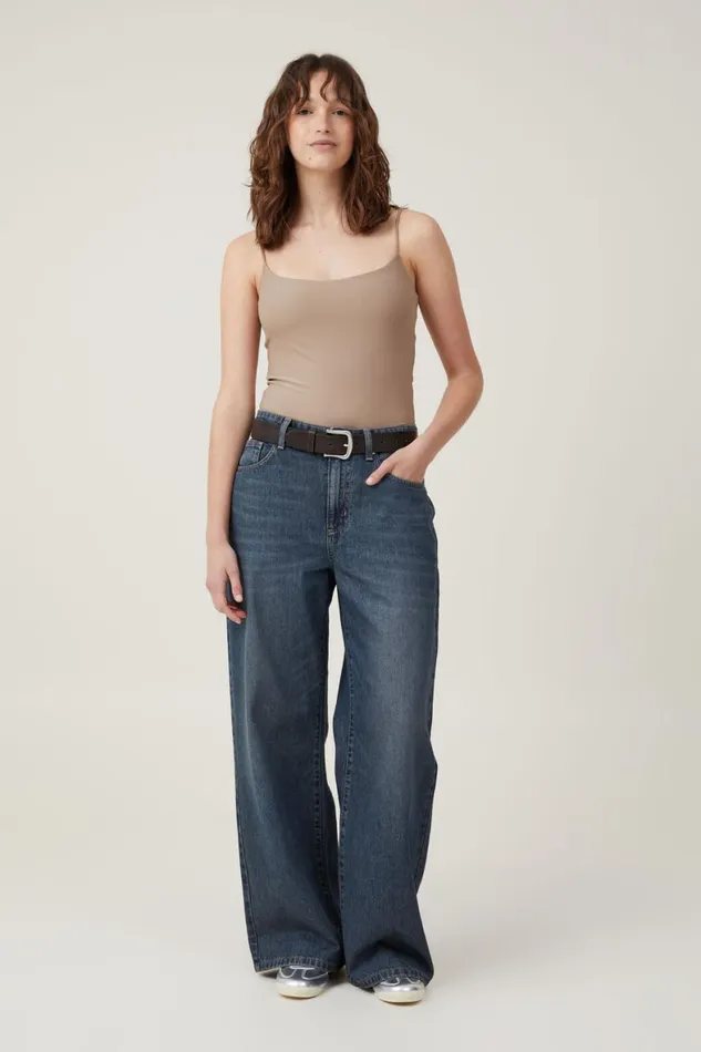 Women Tops Cotton On Smooth Straight Neck Bodysuit Mocha