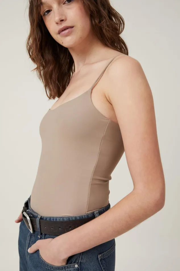 Women Tops Cotton On Smooth Straight Neck Bodysuit Mocha