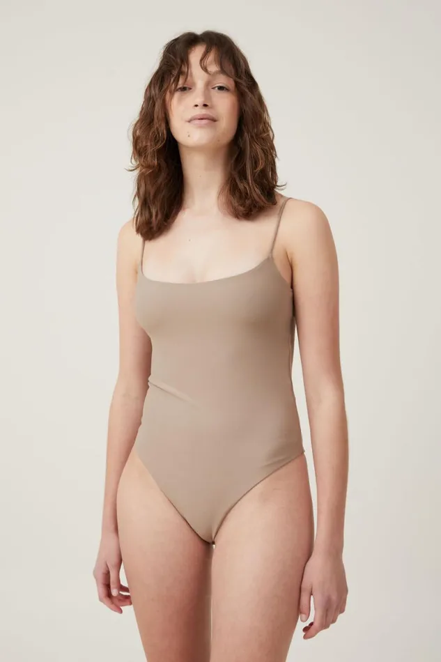 Women Tops Cotton On Smooth Straight Neck Bodysuit Mocha