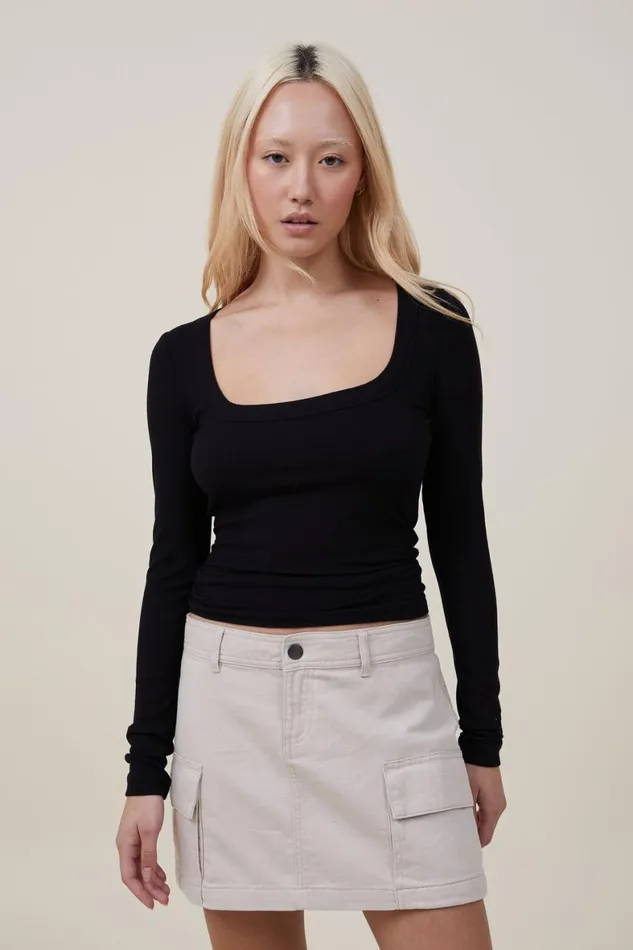 Women Tops Cotton On Staple Rib Scoop Neck Long Sleeve Top Black