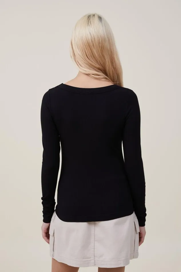 Women Tops Cotton On Staple Rib Scoop Neck Long Sleeve Top Black