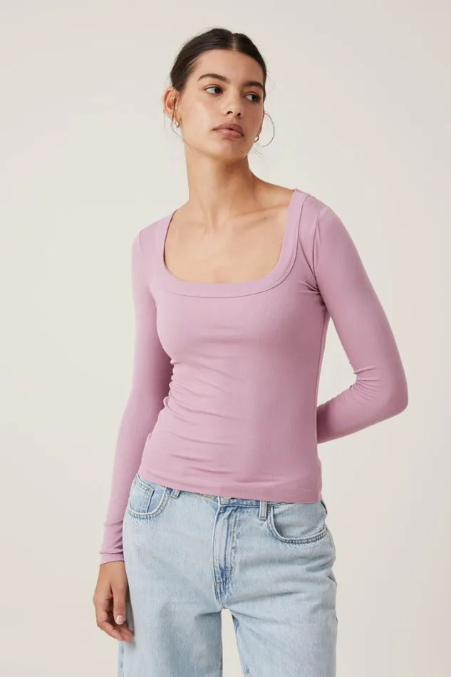 Women Tops Cotton On Staple Rib Scoop Neck Long Sleeve Top Purple Dusk