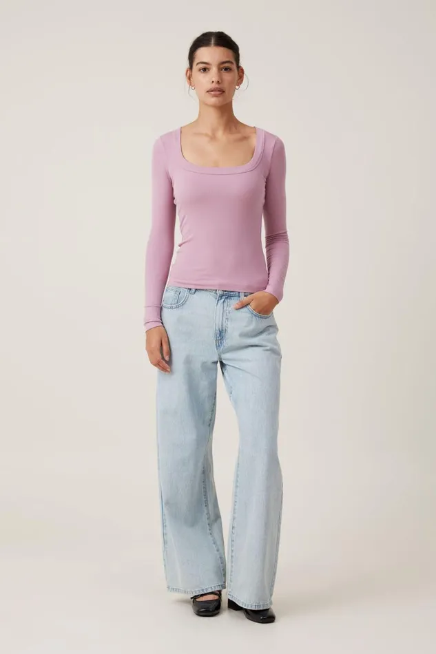 Women Tops Cotton On Staple Rib Scoop Neck Long Sleeve Top Purple Dusk
