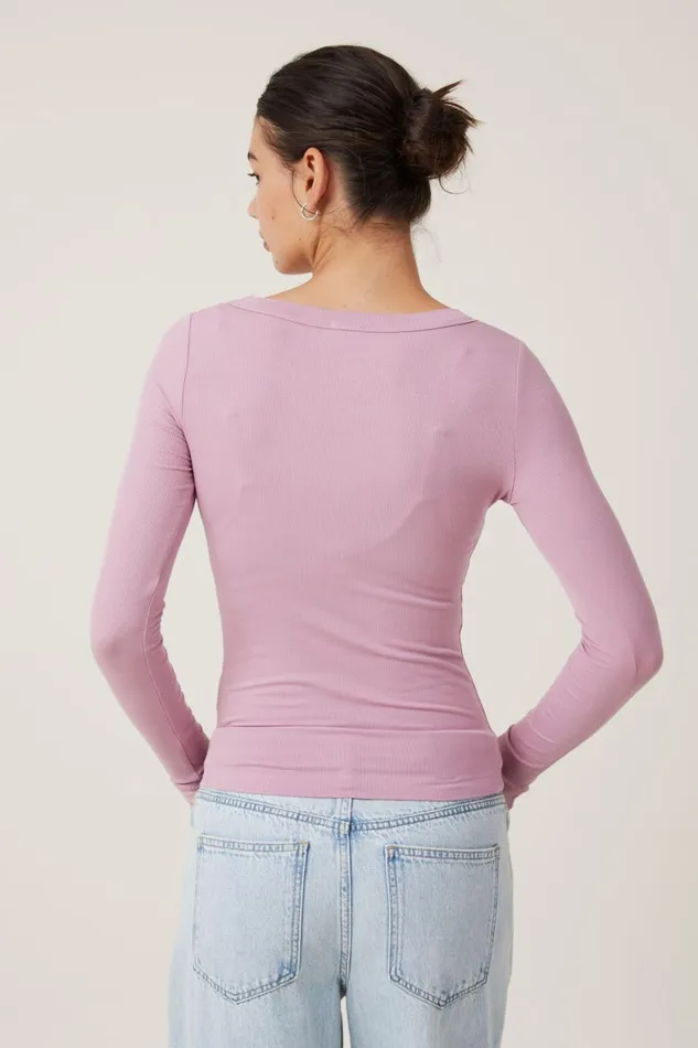 Women Tops Cotton On Staple Rib Scoop Neck Long Sleeve Top Purple Dusk