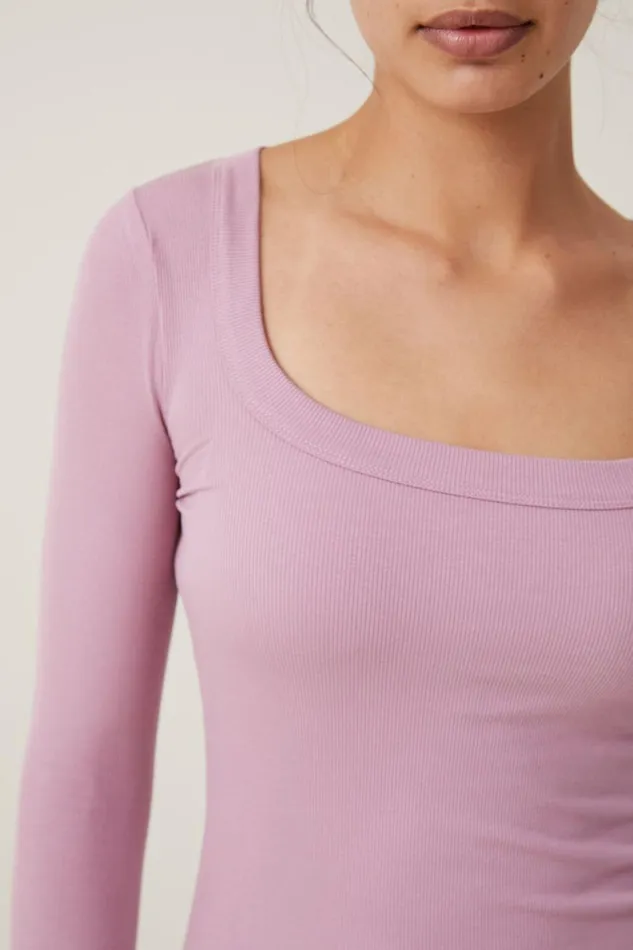 Women Tops Cotton On Staple Rib Scoop Neck Long Sleeve Top Purple Dusk