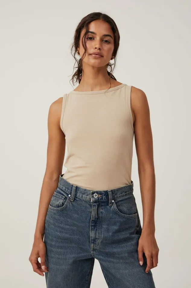 Women Tops Cotton On The One Basic Boat Neck Tank Mid Taupe