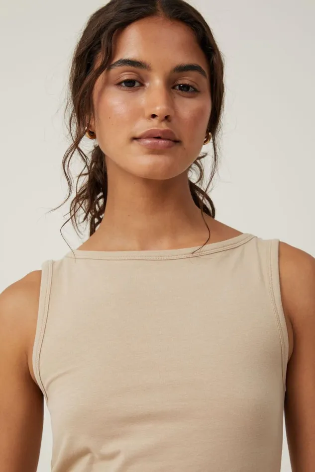 Women Tops Cotton On The One Basic Boat Neck Tank Mid Taupe