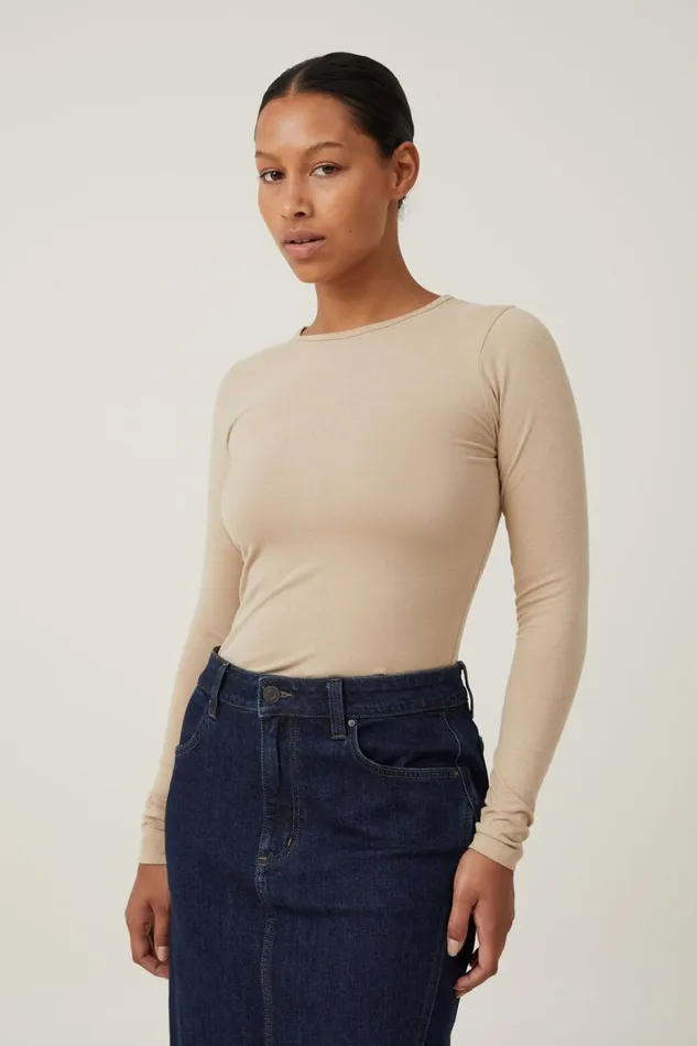 Women Tops Cotton On The One Basic Crew Neck Long Sleeve Top Mid Taupe