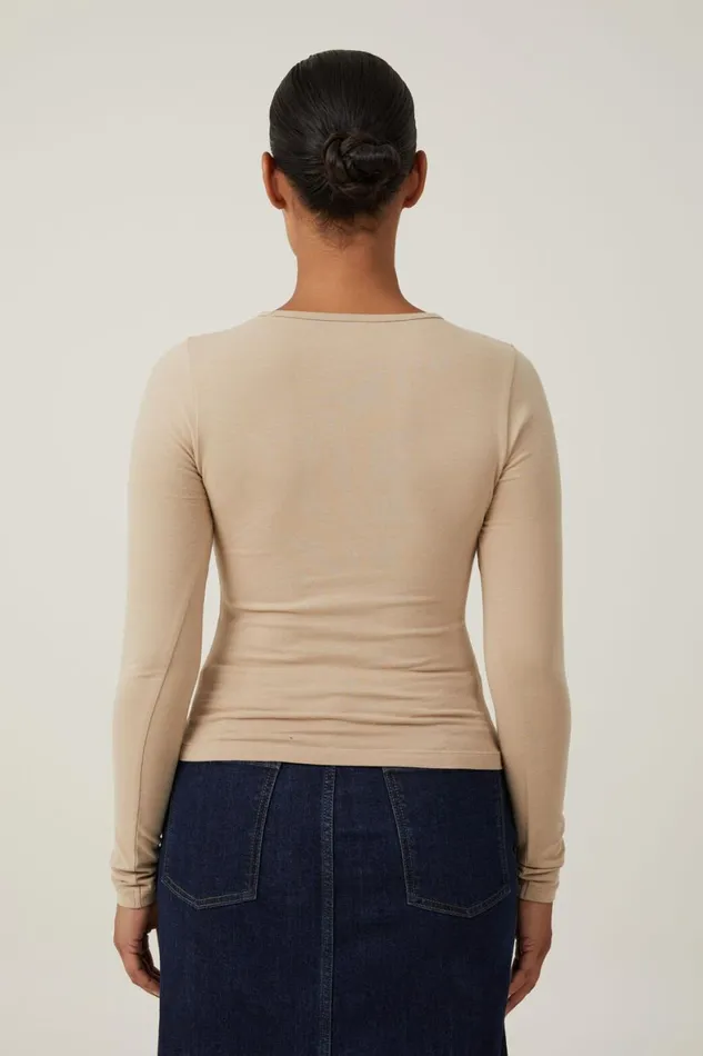 Women Tops Cotton On The One Basic Crew Neck Long Sleeve Top Mid Taupe