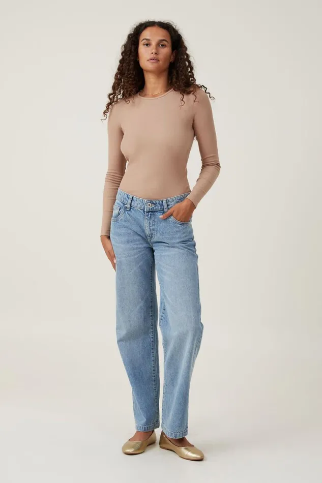 Women Tops Cotton On The One Organic Rib Crew Long Sleeve Top Chestnut