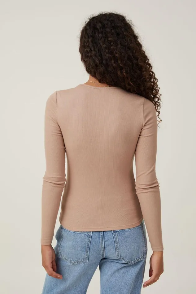 Women Tops Cotton On The One Organic Rib Crew Long Sleeve Top Chestnut
