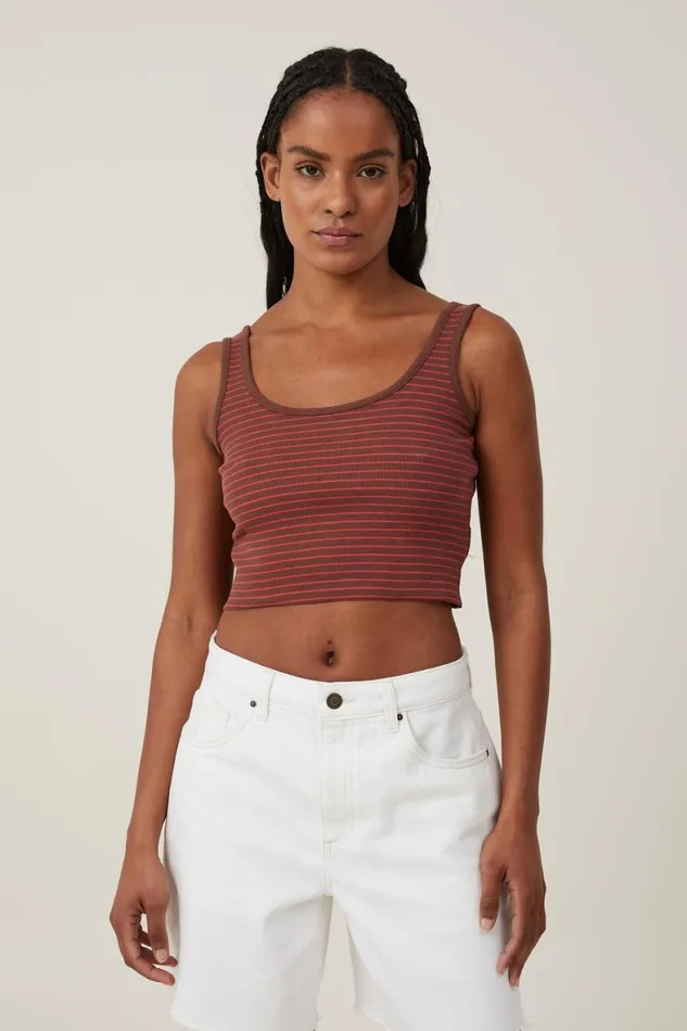 Women Tops Cotton On The One Organic Rib Crop Tank Eliza Stripe Bottle Brown