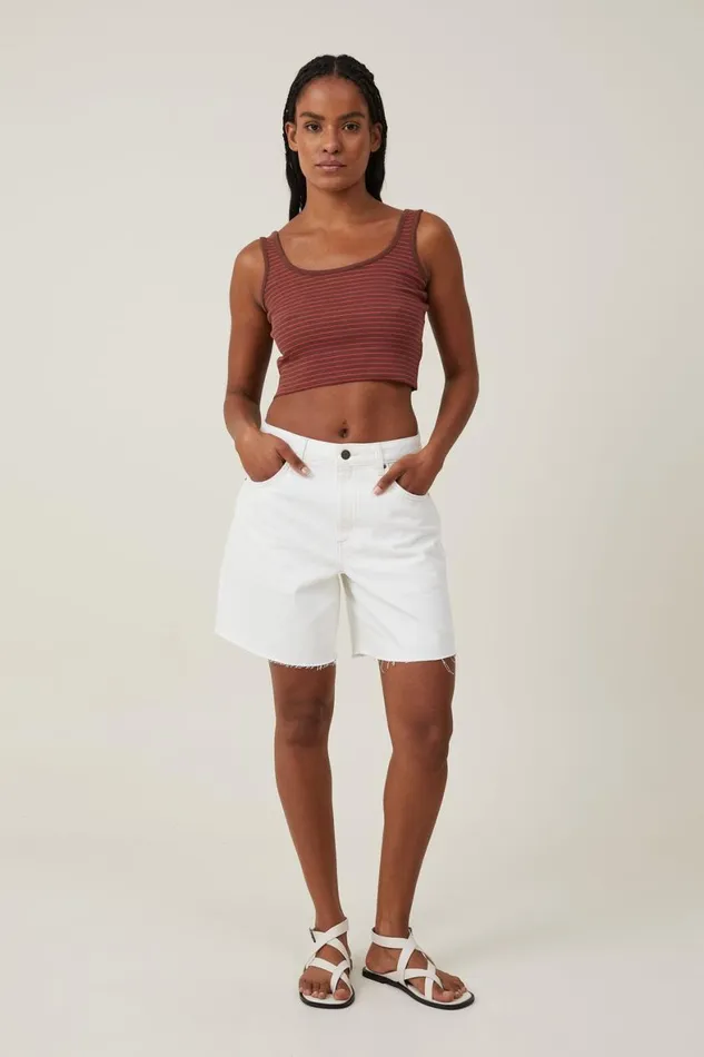 Women Tops Cotton On The One Organic Rib Crop Tank Eliza Stripe Bottle Brown