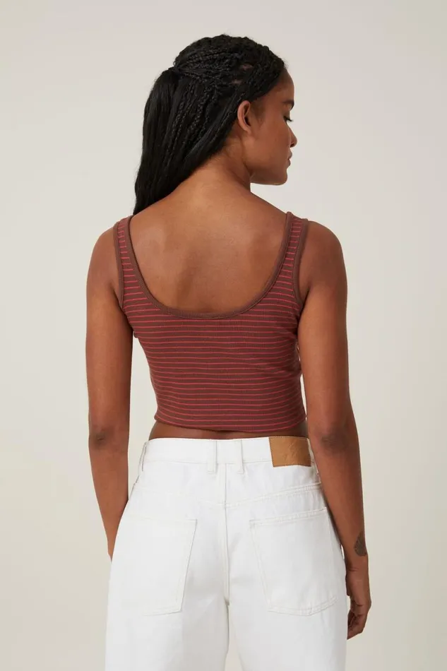 Women Tops Cotton On The One Organic Rib Crop Tank Eliza Stripe Bottle Brown
