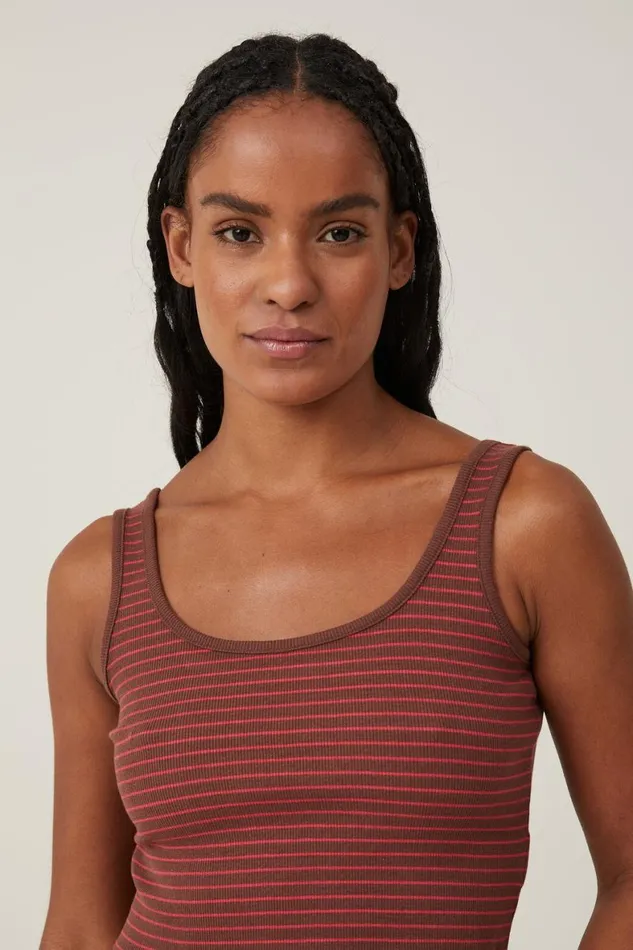 Women Tops Cotton On The One Organic Rib Crop Tank Eliza Stripe Bottle Brown