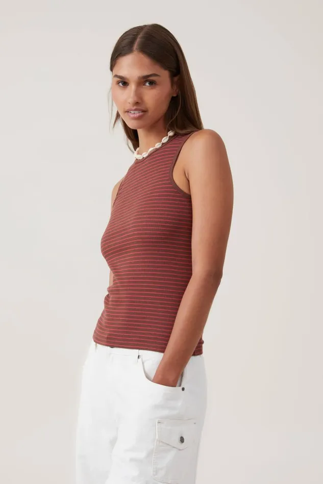 Women Tops Cotton On The One Organic Rib Racer Tank Eliza Stripe Bottle Brown