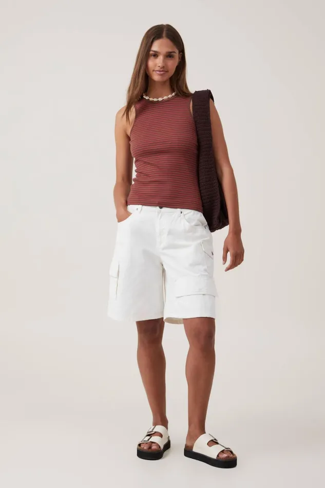 Women Tops Cotton On The One Organic Rib Racer Tank Eliza Stripe Bottle Brown