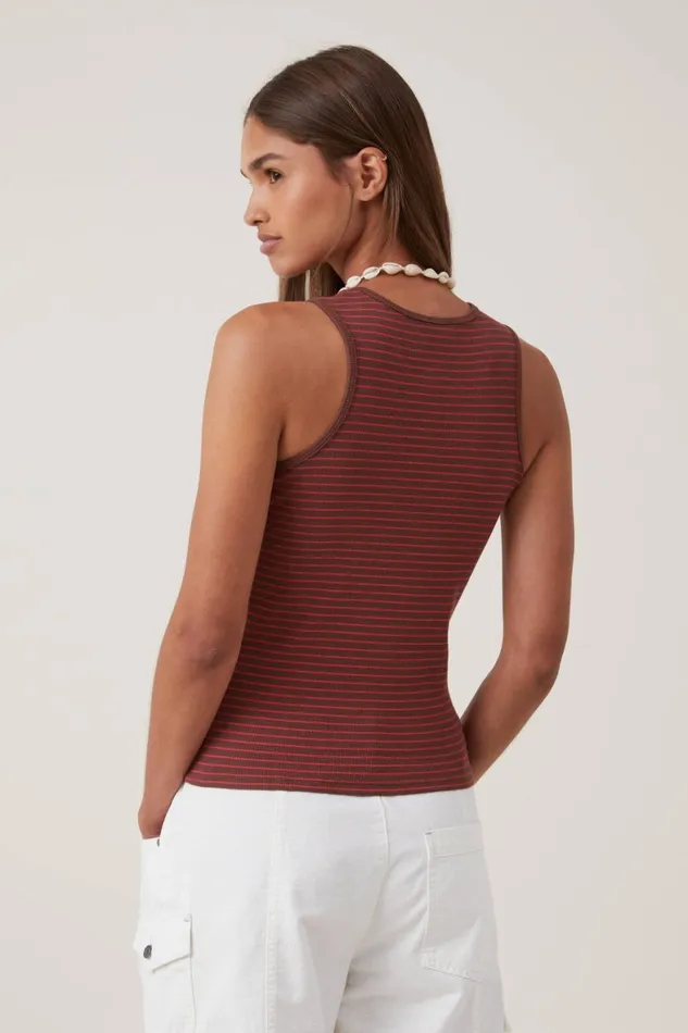 Women Tops Cotton On The One Organic Rib Racer Tank Eliza Stripe Bottle Brown