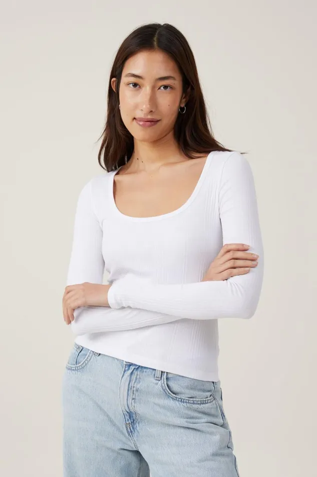 Women Tops Cotton On The One Organic Variegated Rib Scoop Long Sleeve White