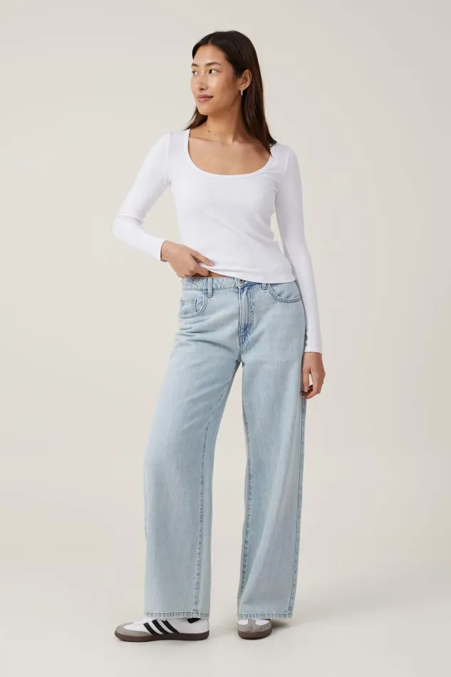 Women Tops Cotton On The One Organic Variegated Rib Scoop Long Sleeve White