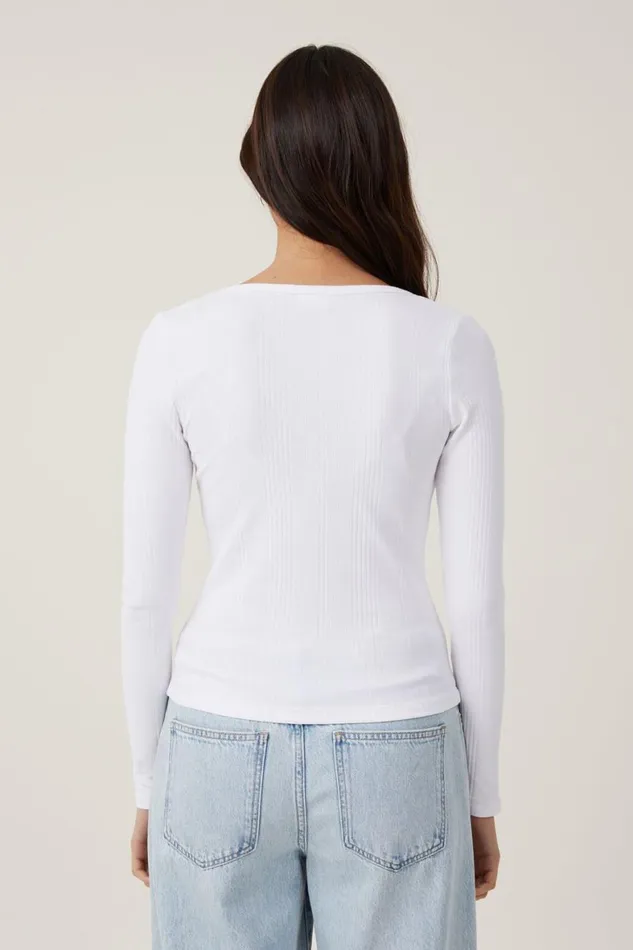 Women Tops Cotton On The One Organic Variegated Rib Scoop Long Sleeve White