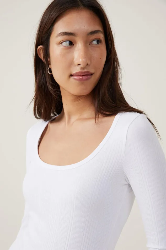 Women Tops Cotton On The One Organic Variegated Rib Scoop Long Sleeve White