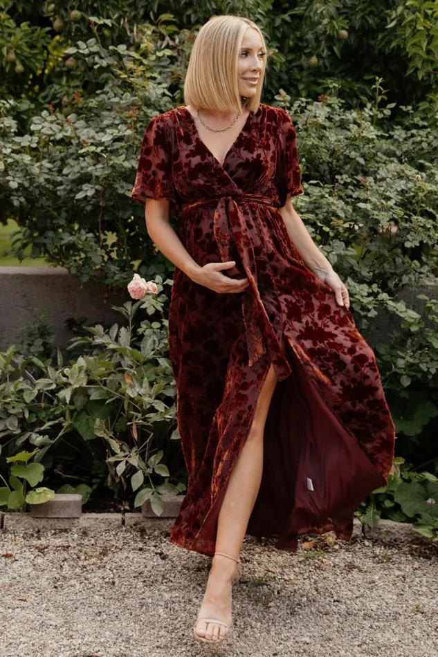 Women Uma Velvet Maxi Dress Copper Floral Baltic Born Bump Friendly Women Uma Velvet Maxi Dress Copper Floral Baltic Born Bump Friendly