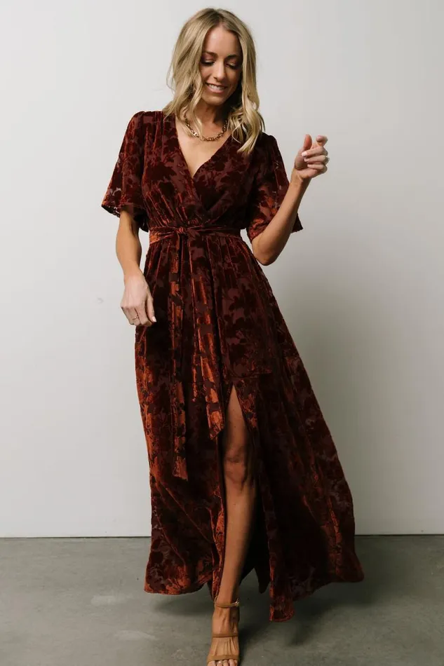 Women Uma Velvet Maxi Dress Copper Floral Baltic Born Bump Friendly Women Uma Velvet Maxi Dress Copper Floral Baltic Born Bump Friendly