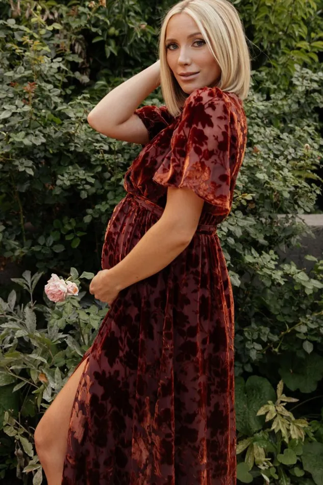 Women Uma Velvet Maxi Dress Copper Floral Baltic Born Bump Friendly Women Uma Velvet Maxi Dress Copper Floral Baltic Born Bump Friendly