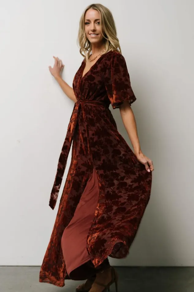 Women Uma Velvet Maxi Dress Copper Floral Baltic Born Bump Friendly Women Uma Velvet Maxi Dress Copper Floral Baltic Born Bump Friendly