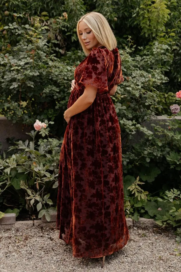 Women Uma Velvet Maxi Dress Copper Floral Baltic Born Bump Friendly Women Uma Velvet Maxi Dress Copper Floral Baltic Born Bump Friendly