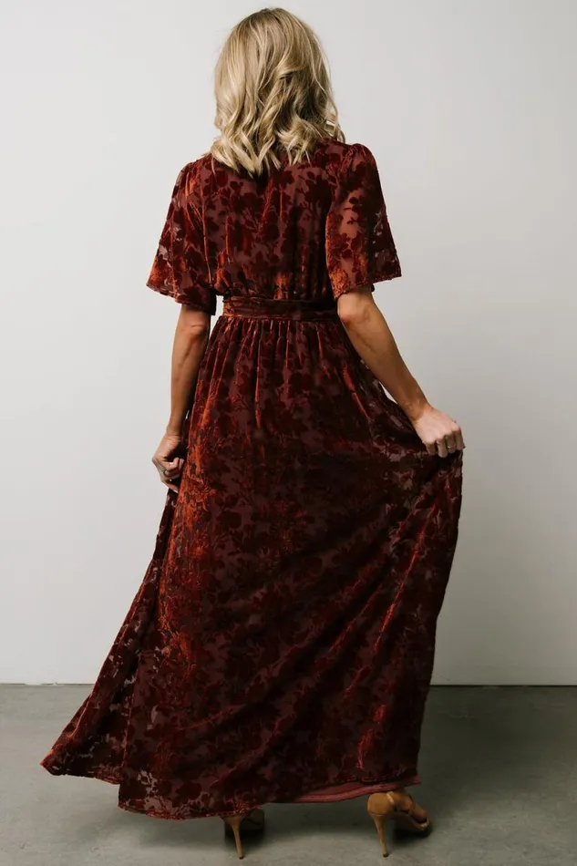 Women Uma Velvet Maxi Dress Copper Floral Baltic Born Bump Friendly Women Uma Velvet Maxi Dress Copper Floral Baltic Born Bump Friendly