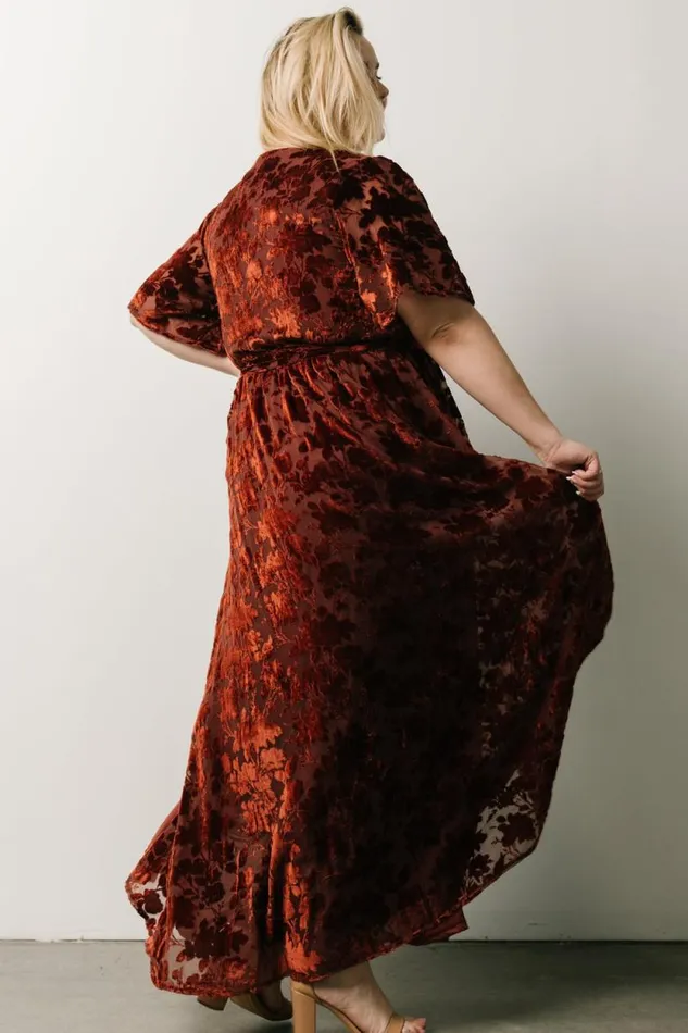 Women Uma Velvet Maxi Dress Copper Floral Baltic Born Bump Friendly Women Uma Velvet Maxi Dress Copper Floral Baltic Born Bump Friendly