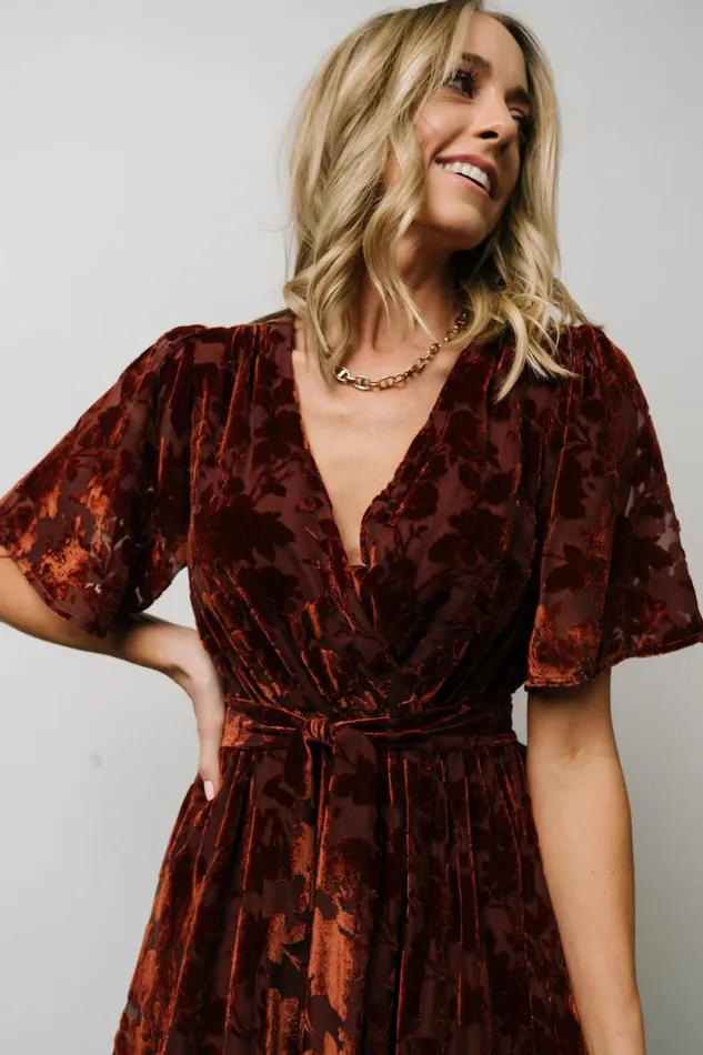 Women Uma Velvet Maxi Dress Copper Floral Baltic Born Bump Friendly Women Uma Velvet Maxi Dress Copper Floral Baltic Born Bump Friendly
