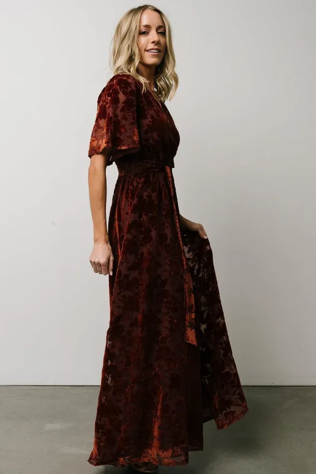 Women Uma Velvet Maxi Dress Copper Floral Baltic Born Bump Friendly Women Uma Velvet Maxi Dress Copper Floral Baltic Born Bump Friendly
