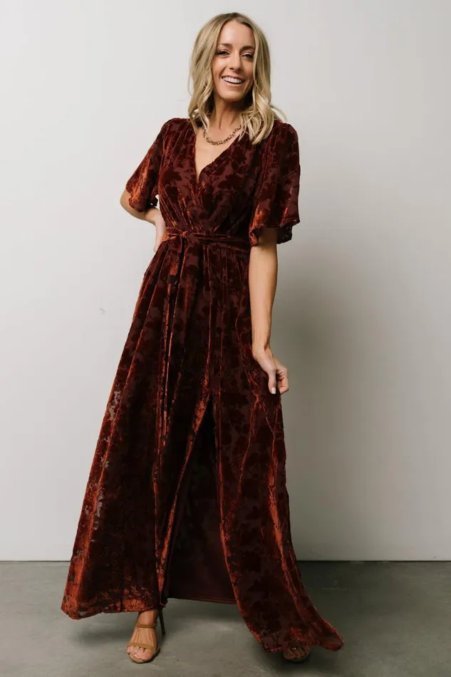 Women Uma Velvet Maxi Dress Copper Floral Baltic Born Bump Friendly Women Uma Velvet Maxi Dress Copper Floral Baltic Born Bump Friendly