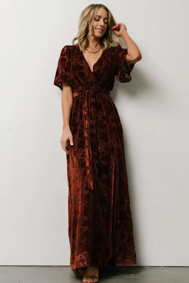 Women Uma Velvet Maxi Dress Copper Floral Baltic Born Bump Friendly Women Uma Velvet Maxi Dress Copper Floral Baltic Born Bump Friendly