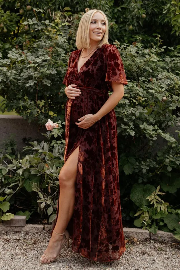 Women Uma Velvet Maxi Dress Copper Floral Baltic Born Bump Friendly Women Uma Velvet Maxi Dress Copper Floral Baltic Born Bump Friendly