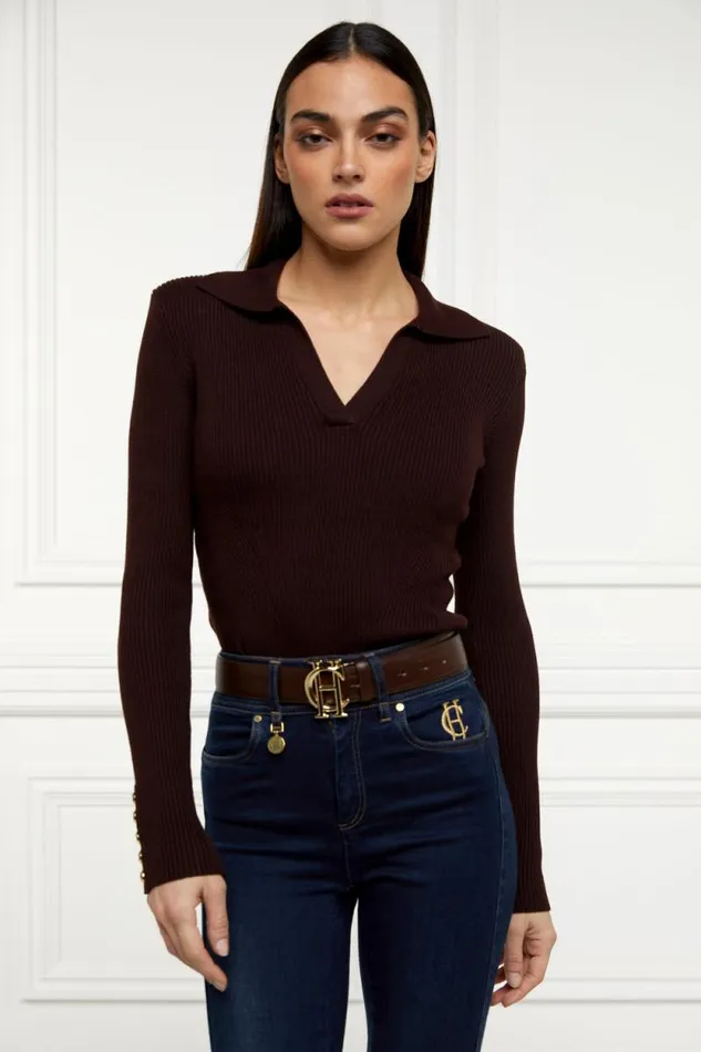 Women VNeck Rib Top Chocolate Holland Cooper Knitwear Women VNeck Rib Top Chocolate Holland Cooper Knitwear